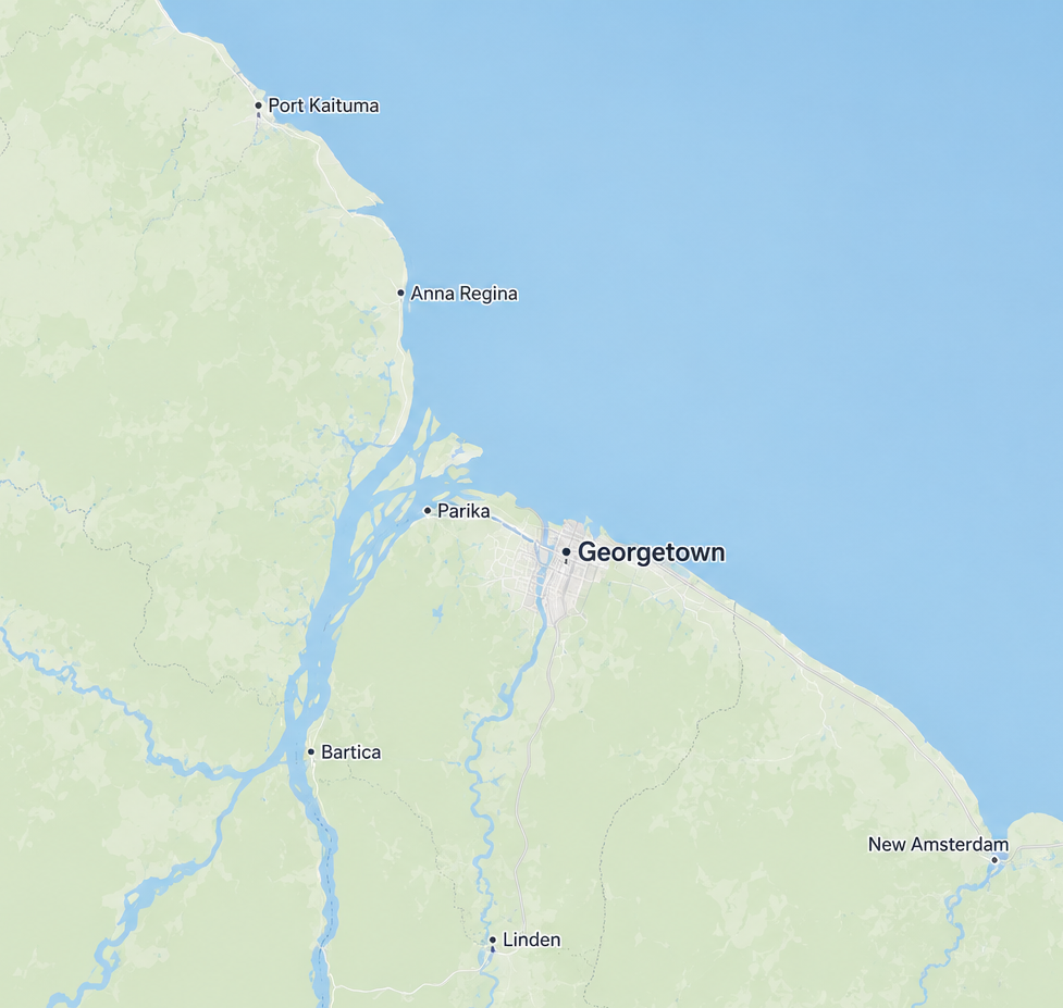 Map of Guyana's coastline and river network
